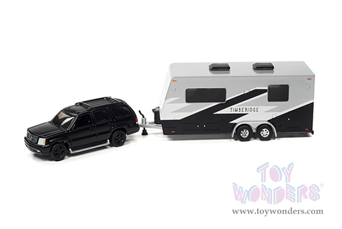 Round 2 Johnny Lightning - Truck and Trailer Release 1 | Cadillac&reg; Escalade with Camper Trailer (2005, 1/64 scale diecast model car, Custom Matte Black) JLSP201/24B