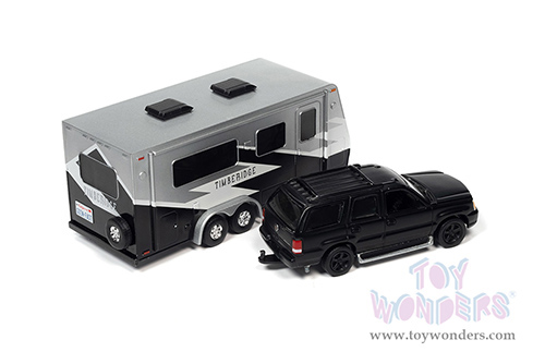 Round 2 Johnny Lightning - Truck and Trailer Release 1 | Cadillac&reg; Escalade with Camper Trailer (2005, 1/64 scale diecast model car, Custom Matte Black) JLSP201/24B