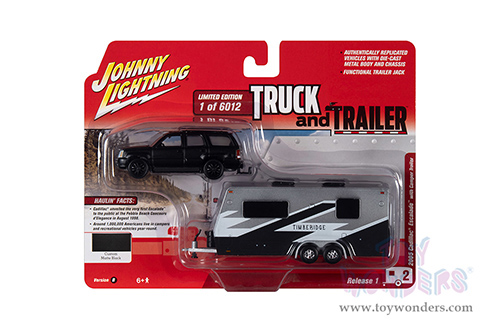 Round 2 Johnny Lightning - Truck and Trailer Release 1 | Cadillac&reg; Escalade with Camper Trailer (2005, 1/64 scale diecast model car, Custom Matte Black) JLSP201/24B