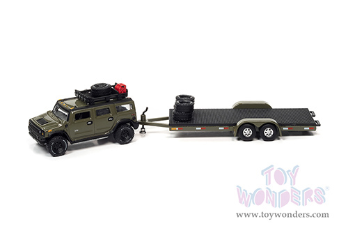 Round 2 Johnny Lightning - Truck and Trailer Release 1 | Hummer&reg; H2 with Open Car Trailer (2004, 1/64 scale diecast model car, Medium Sage Green) JLSP202/24A