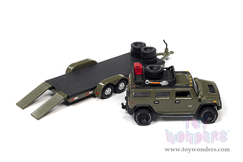 Round 2 Johnny Lightning - Truck and Trailer Release 1 | Hummer&reg; H2 with Open Car Trailer (2004, 1/64 scale diecast model car, Medium Sage Green) JLSP202/24A