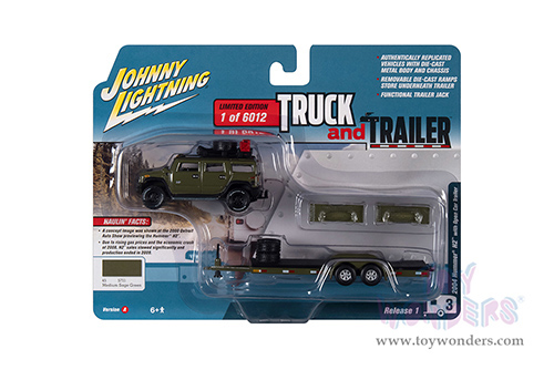 Round 2 Johnny Lightning - Truck and Trailer Release 1 | Hummer&reg; H2 with Open Car Trailer (2004, 1/64 scale diecast model car, Medium Sage Green) JLSP202/24A