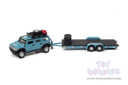 Round 2 Johnny Lightning - Truck and Trailer Release 1 | Hummer&reg; H2 with Open Car Trailer (2004, 1/64 scale diecast model car, Custom Ocean Blue) JLSP202/24B