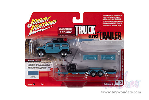 Round 2 Johnny Lightning - Truck and Trailer Release 1 | Hummer&reg; H2 with Open Car Trailer (2004, 1/64 scale diecast model car, Custom Ocean Blue) JLSP202/24B