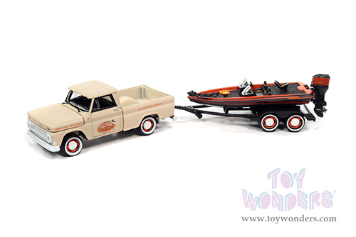 Round 2 Johnny Lightning - Hulls & Haulers Release 1 | Chevrolet&reg; Stepside Pickup truck with Bass Boat & Trailer (1965, 1/64 scale diecast model car, Custom Flat Beige/Orange and Black) JLSP203/24A