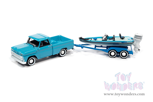Round 2 Johnny Lightning - Hulls & Haulers Release 1 | Chevrolet&reg; Stepside Pickup truck with Bass Boat & Trailer (1965, 1/64 scale diecast model car, Custom Turquoise Gloss) JLSP203/24B