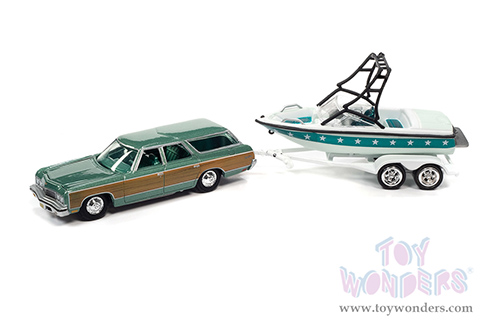 Round 2 Johnny Lightning - Hulls & Haulers Release 1 | Chevrolet&reg; Caprice with Mastercraft Boat & Trailer (1973, 1/64 scale diecast model car, Light Green Poly) JLSP204/24A