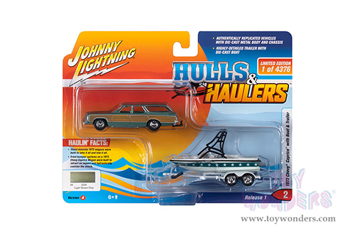 Round 2 Johnny Lightning - Hulls & Haulers Release 1 | Chevrolet&reg; Caprice with Mastercraft Boat & Trailer (1973, 1/64 scale diecast model car, Light Green Poly) JLSP204/24A