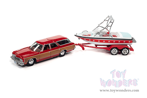 Round 2 Johnny Lightning - Hulls & Haulers Release 1 | Chevrolet&reg; Caprice with Mastercraft Boat & Trailer (1973, 1/64 scale diecast model car, Red woody, White & Red) JLSP204/24B