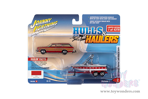 Round 2 Johnny Lightning - Hulls & Haulers Release 1 | Chevrolet&reg; Caprice with Mastercraft Boat & Trailer (1973, 1/64 scale diecast model car, Red woody, White & Red) JLSP204/24B