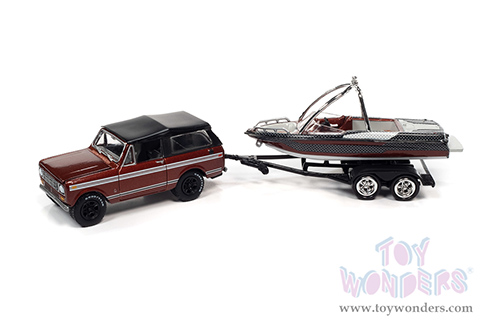 Round 2 Johnny Lightning - Hulls & Haulers Release 1 | International&reg; Scout&reg; II with Malibu Boat & Trailer (1979, 1/64 scale diecast model car, Tahitian Red, Dark Red & Black) JLSP205/24A