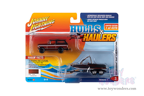 Round 2 Johnny Lightning - Hulls & Haulers Release 1 | International&reg; Scout&reg; II with Malibu Boat & Trailer (1979, 1/64 scale diecast model car, Tahitian Red, Dark Red & Black) JLSP205/24A