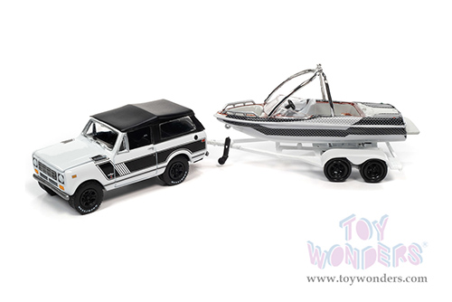 Round 2 Johnny Lightning - Hulls & Haulers Release 1 | International&reg; Scout&reg; II with Malibu Boat & Trailer (1979, 1/64 scale diecast model car, White w/Black Stripes, White & Black) JLSP205/24B