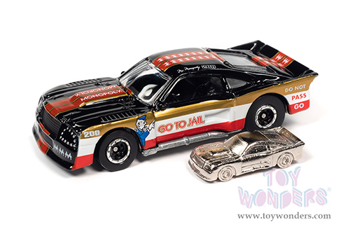 Round 2 Johnny Lightning - Pop Culture Series | Ford Mustang Cobra II Racer with Token Monopoly "Go to Jail" (1932, 1/64 scale diecast model car, Black with white, red and gold stripes) JLSP214/24