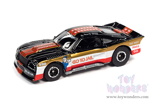Round 2 Johnny Lightning - Pop Culture Series | Ford Mustang Cobra II Racer with Token Monopoly "Go to Jail" (1932, 1/64 scale diecast model car, Black with white, red and gold stripes) JLSP214/24