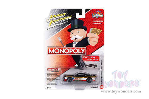 Round 2 Johnny Lightning - Pop Culture Series | Ford Mustang Cobra II Racer with Token Monopoly "Go to Jail" (1932, 1/64 scale diecast model car, Black with white, red and gold stripes) JLSP214/24