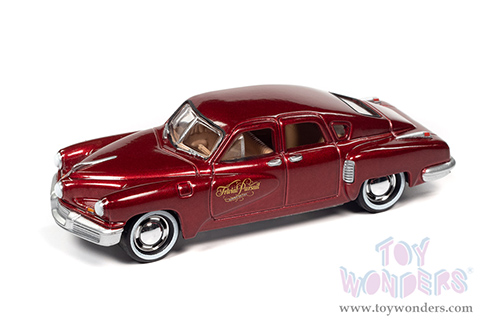 Round 2 Johnny Lightning - Pop Culture Series | Tucker Torpedo "Tucker: The Man and His Dream" Trivial Pursuit Game Card with Poker Chip (Collector Token) (1948, 1/64 scale diecast model car, Red Maroon) JLSP217/24