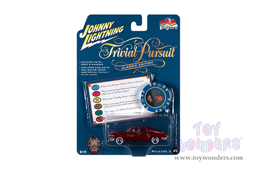 Round 2 Johnny Lightning - Pop Culture Series | Tucker Torpedo "Tucker: The Man and His Dream" Trivial Pursuit Game Card with Poker Chip (Collector Token) (1948, 1/64 scale diecast model car, Red Maroon) JLSP217/24