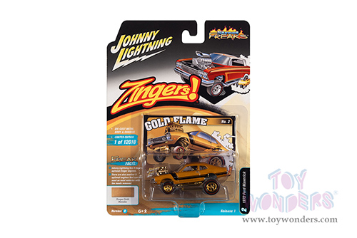 Round 2 Johnny Lightning - Street Freaks 2022 Release 1 Set B | Ford Maverick - Zingers! (1972, 1/64 scale diecast model car, Solar Gold w/Black Stripe) JLSP229/24B