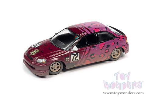 Round 2 Johnny Lightning - Street Freaks 2022 Release 1 Set B | Honda Civic #72 - 24 Hrs of Lemons (2019) (1998, 1/64 scale diecast model car, Magenta Metallic w/Fuchsia Leopard Print) JLSP232/24B