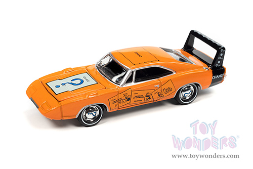 Round 2 Johnny Lightning - Pop Culture Series | Dodge Charger Daytona with Token Monopoly "Chance" (1969, 1/64 scale diecast model car, Orange/Black Tail) JLSP234/24