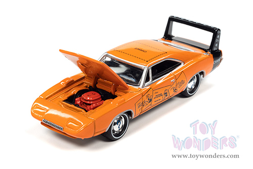Round 2 Johnny Lightning - Pop Culture Series | Dodge Charger Daytona with Token Monopoly "Chance" (1969, 1/64 scale diecast model car, Orange/Black Tail) JLSP234/24