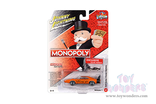 Round 2 Johnny Lightning - Pop Culture Series | Dodge Charger Daytona with Token Monopoly "Chance" (1969, 1/64 scale diecast model car, Orange/Black Tail) JLSP234/24