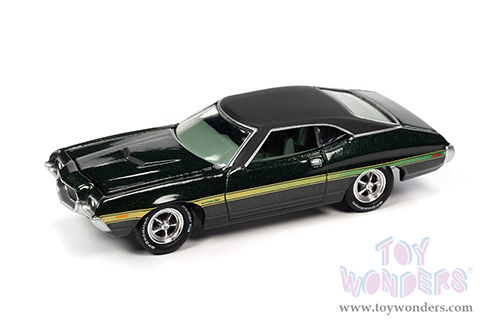 Round 2 Johnny Lightning - Pop Culture Series | Trivial Pursuit Ford Grand Torino Sport with Game Card and Poker Chip (Collector Token) (1972, 1/64 scale diecast model car, Dark Green) JLSP239/24