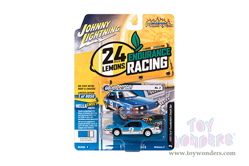 Round 2 Johnny Lightning - Street Freaks | Ford Thunderbird Stock Car #9 "Go-Po-Po-Go!" - 24hrs of LeMons (1986, 1/64 scale diecast model car, Bright Blue w/White & Gold Stripes) JLSP252/24B