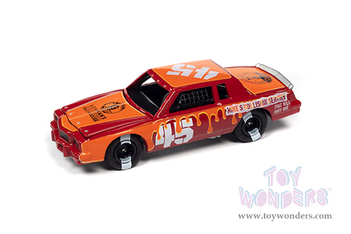 Round 2 Johnny Lightning - Street Freaks | Pontiac&reg; Grand Prix&trade; Stock Cars #45 "Prix-Disposed For Carnage" - Demolition Derby (1982, 1/64 scale diecast model car, Red/Orange Graphics) JLSP253/24B