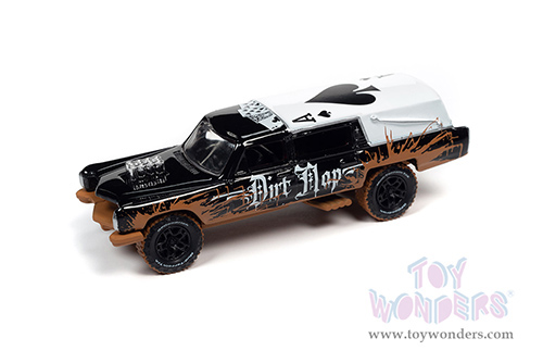Round 2 Johnny Lightning - Street Freaks | Haulin' Hearse Custom "Dirt Mop" - Off Road (1/64 scale diecast model car, Black/White Roof with Mud) JLSP255/24A