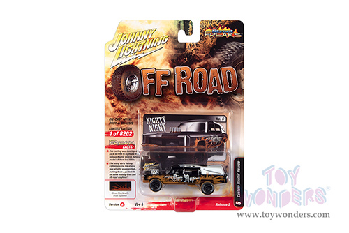 Round 2 Johnny Lightning - Street Freaks | Haulin' Hearse Custom "Dirt Mop" - Off Road (1/64 scale diecast model car, Black/White Roof with Mud) JLSP255/24A