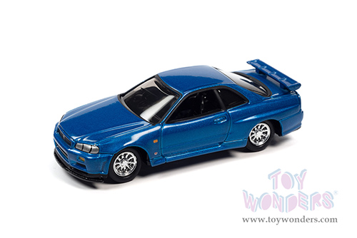 Round 2 Johnny Lightning - Pop Culture Series | Trivial Pursuit Nissan Skyline GT-R with Game Card and Poker Chip (Collector Token) (1999, 1/64 scale diecast model car, Blue Metallic) JLSP262/24