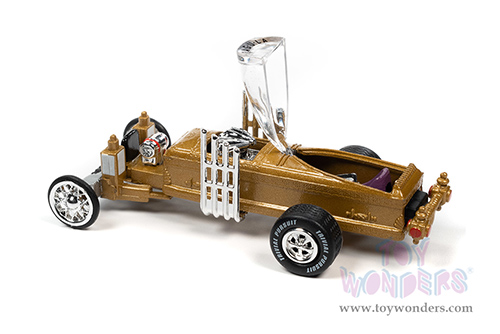 Round 2 Johnny Lightning - Pop Culture Series | Trivial Pursuit Barris Drag-U-La&reg; "The Munsters" with Game Card and Poker Chip (Collector Token) (1/64 scale diecast model car, Gold) JLSP269/24