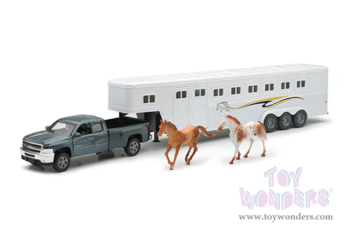 New Ray - Long Haul Trucker | Chevrolet&reg; Silverado 2500HD Fifth Wheel Pickup Truck with Horse Trailer Set (1/32, scale diecast model car, Dark Gray Pickup/White Trailer) SS-10713B