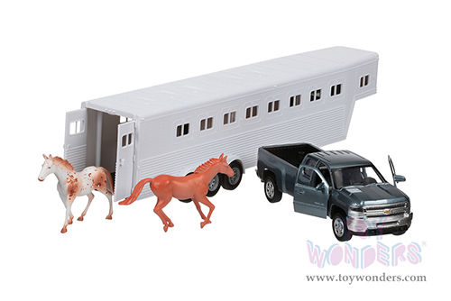 New Ray - Long Haul Trucker | Chevrolet&reg; Silverado 2500HD Fifth Wheel Pickup Truck with Horse Trailer Set (1/32, scale diecast model car, Dark Gray Pickup/White Trailer) SS-10713B