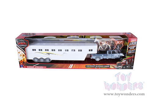 New Ray - Long Haul Trucker | Chevrolet&reg; Silverado 2500HD Fifth Wheel Pickup Truck with Horse Trailer Set (1/32, scale diecast model car, Dark Gray Pickup/White Trailer) SS-10713B
