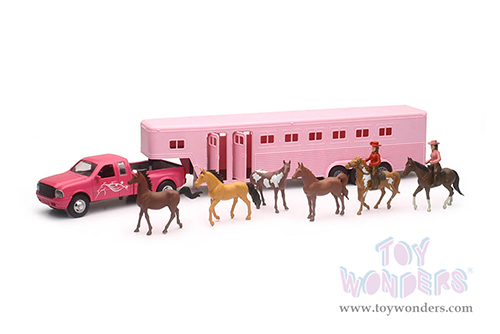 New Ray - Country Life | Pink Pickup Truck With Fifth Wheel Horse Trailer Set (1/32, scale diecast model car, Pink) SS-15395