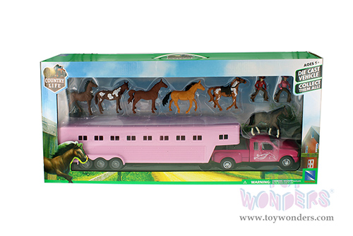 New Ray - Country Life | Pink Pickup Truck With Fifth Wheel Horse Trailer Set (1/32, scale diecast model car, Pink) SS-15395