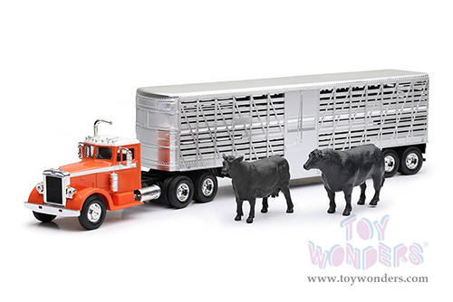New Ray - Country Life | Peterbilt&reg; 380 Potbelly Livestock with Cattles (1949, 1/43, scale diecast model car, Chrome/Orange) SS-16116B