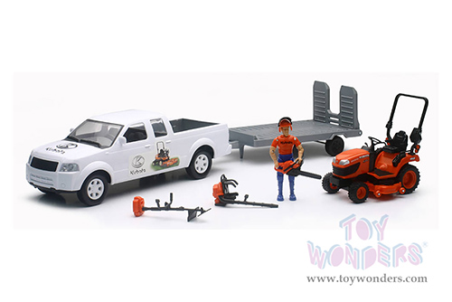 New Ray - Kubota Pick Up with Trailer & Lawn Mower Set (1/18, durable molded construction, Asstd.) SS-33263A