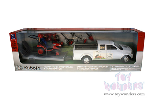New Ray - Kubota Pick Up with Trailer & Lawn Mower Set (1/18, durable molded construction, Asstd.) SS-33263A