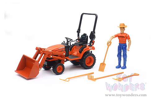New Ray - Kubota BX2670 Compact Tractor with Front Loader, Plastic Lawn Tools and Figure (1/18 scale diecast model car, Orange) SS-33433