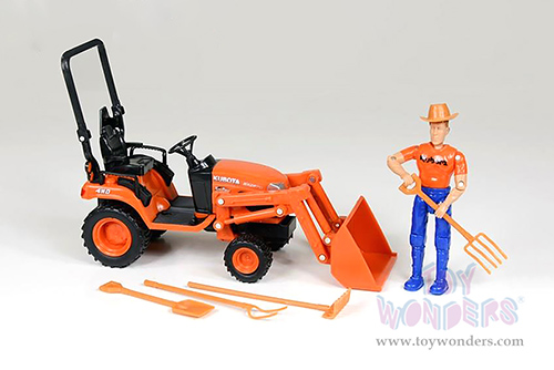 New Ray - Kubota BX2670 Compact Tractor with Front Loader, Plastic Lawn Tools and Figure (1/18 scale diecast model car, Orange) SS-33433