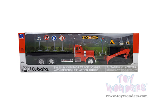 New Ray - Peterbilt® 379 Flatbed Truck with Kubota Track Loader and Road Signs (1/32, scale diecast model car, Orange/Black) SS-34023