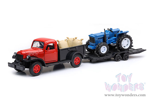New Ray - Country Life | Dodge Power Wagon with Flatbed Trailer, Farm Tractor and Animal Feed Bags (1946, 1/32, scale diecast model car, Asstd.) SS-54296B