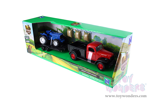 New Ray - Country Life | Dodge Power Wagon with Flatbed Trailer, Farm Tractor and Animal Feed Bags (1946, 1/32, scale diecast model car, Asstd.) SS-54296B