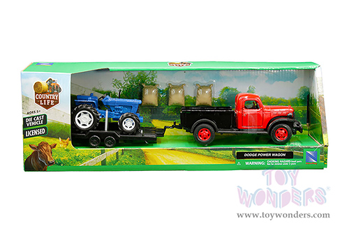 New Ray - Country Life | Dodge Power Wagon with Flatbed Trailer, Farm Tractor and Animal Feed Bags (1946, 1/32, scale diecast model car, Asstd.) SS-54296B