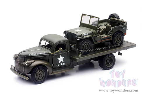 New Ray - Military Mission Chevrolet® Military Flatbed Truck "Hickam Airfield", US Army, with Jeep® Willys (1941, 1/32 scale diecast model car, Green) SS-61053B