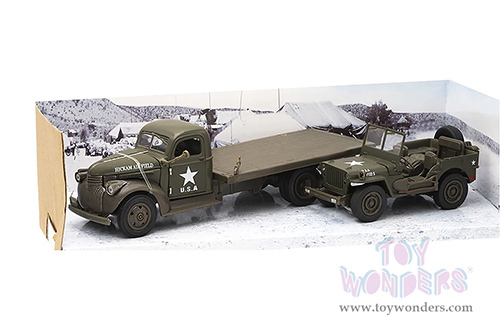New Ray - Military Mission Chevrolet® Military Flatbed Truck "Hickam Airfield", US Army, with Jeep® Willys (1941, 1/32 scale diecast model car, Green) SS-61053B
